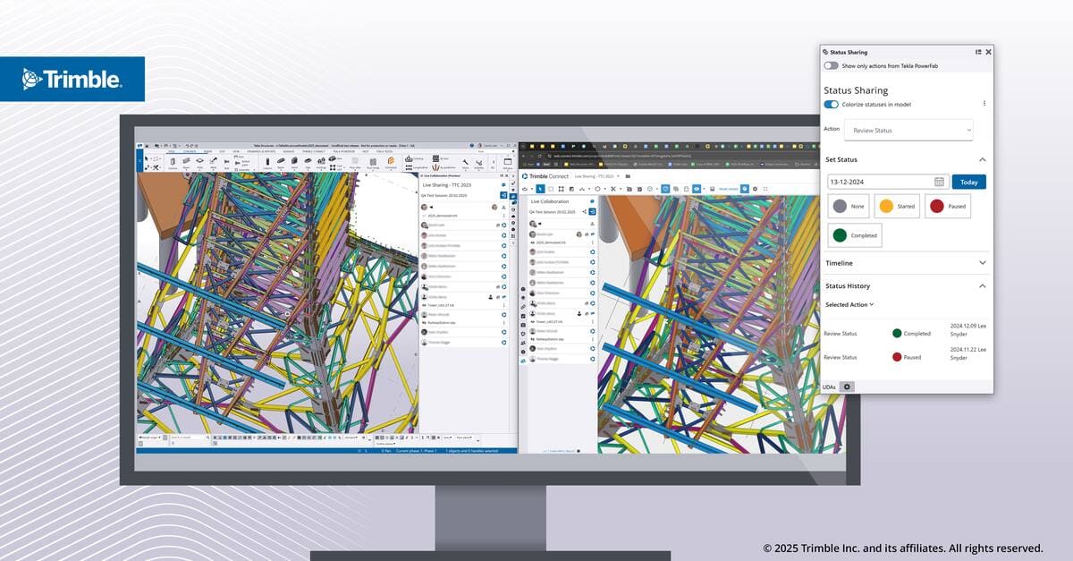 Tekla Structures 2025: Більш ефективні спільні робочі процеси на основі моделей із зацікавленими сторонами: Оновлена та інтегрована функція обміну статусами покращує управління проєктами, впорядковуючи робочі процеси для проєктувальників, інженерів, виробників та будівельних бригад. Файл TrimBIM тепер може містити набори властивостей і часткове завантаження моделі в Trimble Connect. Спільна робота в реальному часі пропонує новий перегляд на основі моделі для швидкого вирішення питань