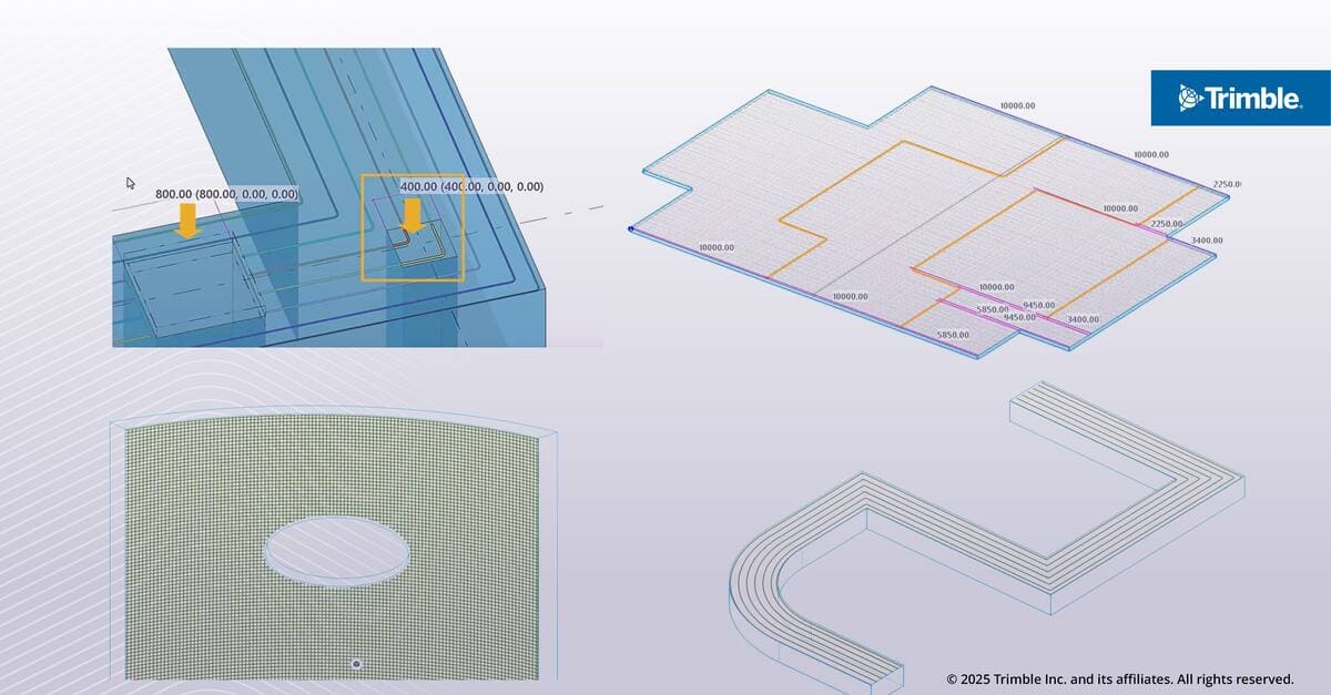 Tekla Structures 2025: Набори арматури для деталізації бетону: Набори арматури тепер підтримують більшу кількість випадків використання, таких як пандуси та похилі плити, що дозволяє деталізувати арматуру з більшою точністю навіть у завантажених детальних моделях